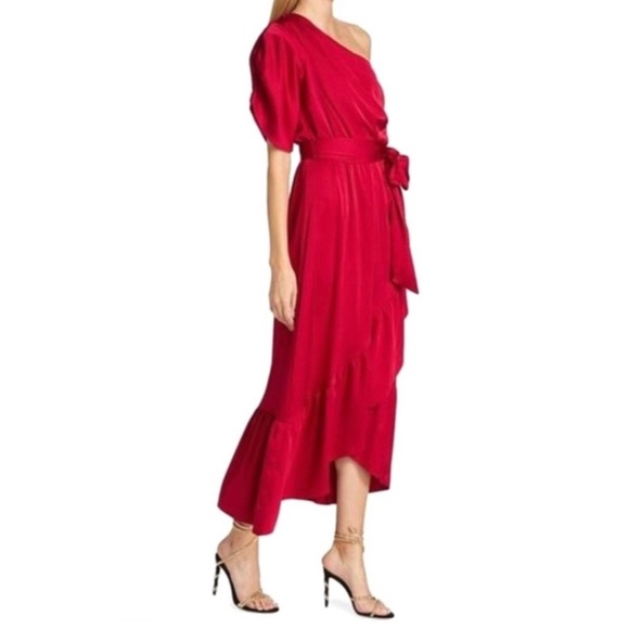 AMUR Red Topanga One-Shoulder Faux Wrap Sexy Cocktail Evening Holiday Dress Sz 2 - Picture 11 of 16